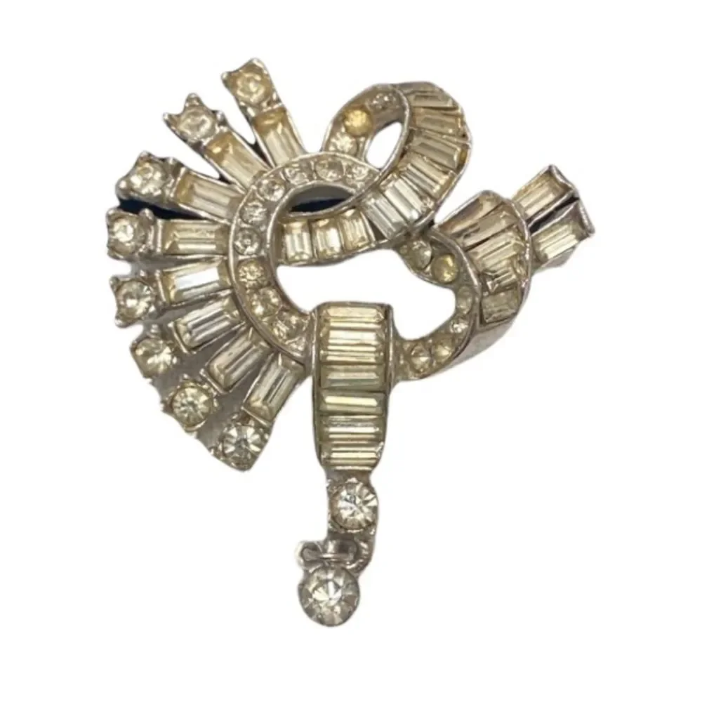 Vintage 1940’s Reinad Art Deco Clear Baguette And Round Rhinestone Brooch - Picture 1 of 10